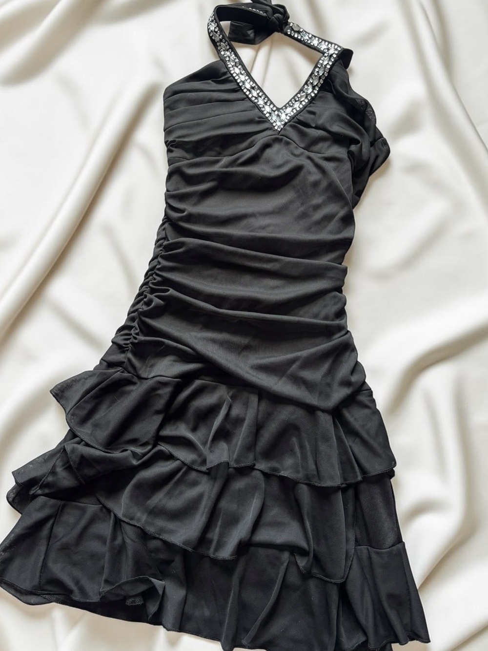 Y2K 2000s Trixxi Black Mini Dress Ruched Rhinestone Sequin Halter Ruffles Size M